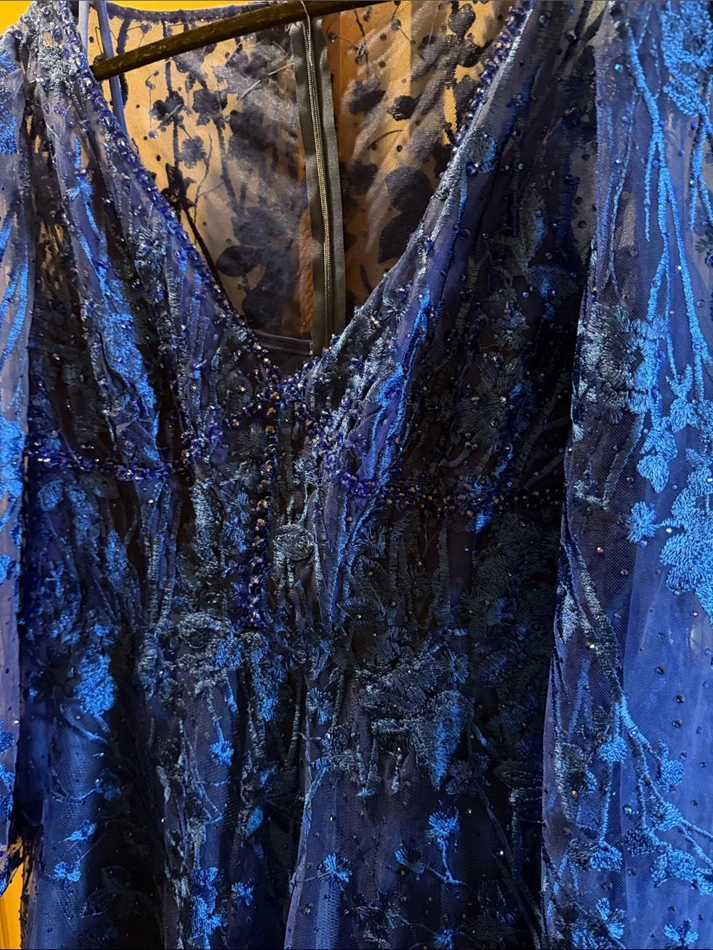 Mac Duggal Royal Blue Sheer Embroidered Long Sleeve Gown
